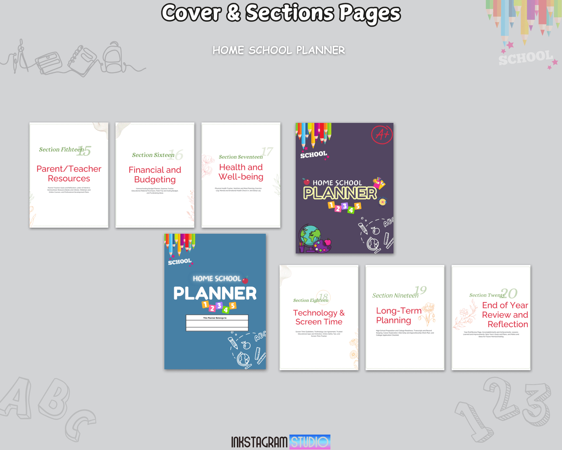 Cover and section pages of The Ultimate Homeschool Planner, featuring colorful and organized educational themes.