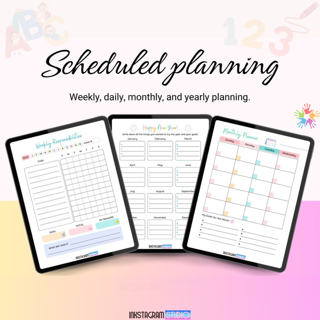 Kids Planner for scheduling: weekly, daily, monthly planning pages displayed in colorful, kid-friendly designs.