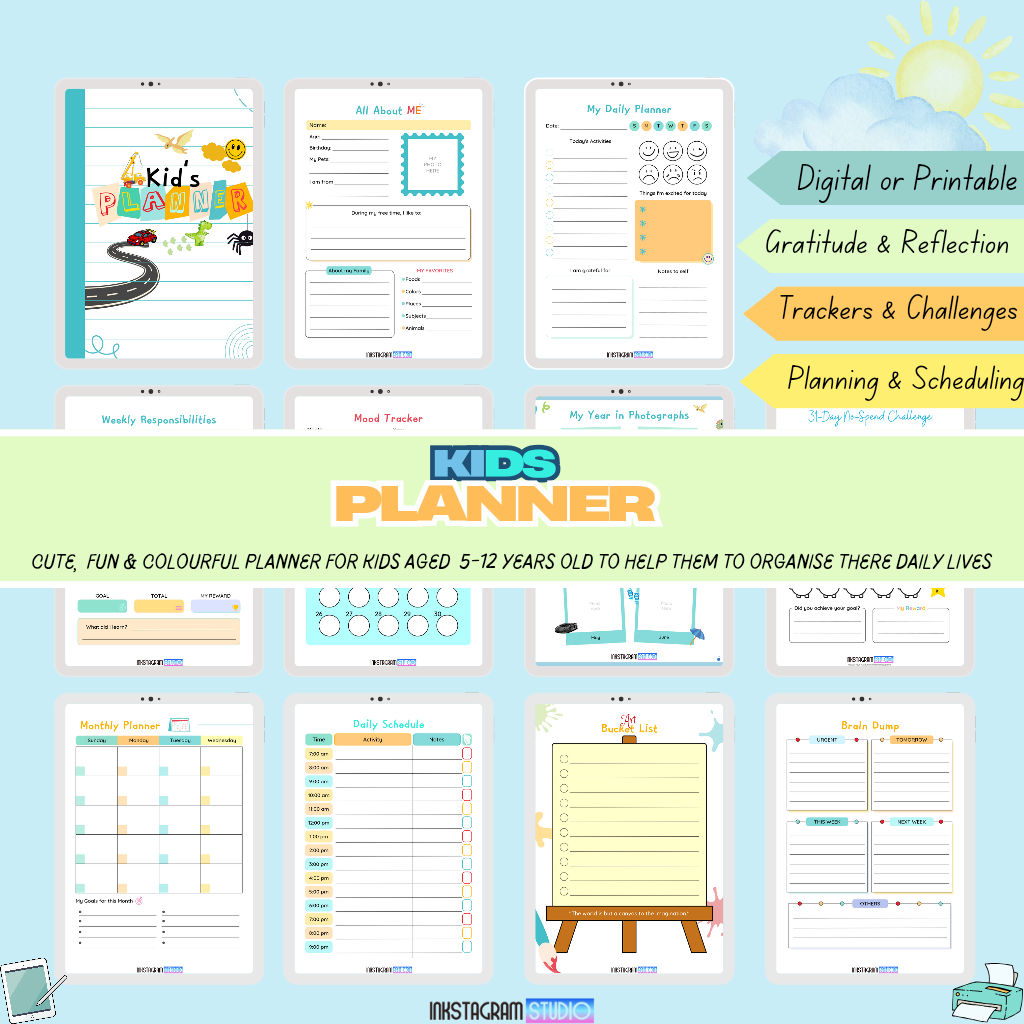 Kids digital planner for organization with colorful, engaging pages for boys and girls.