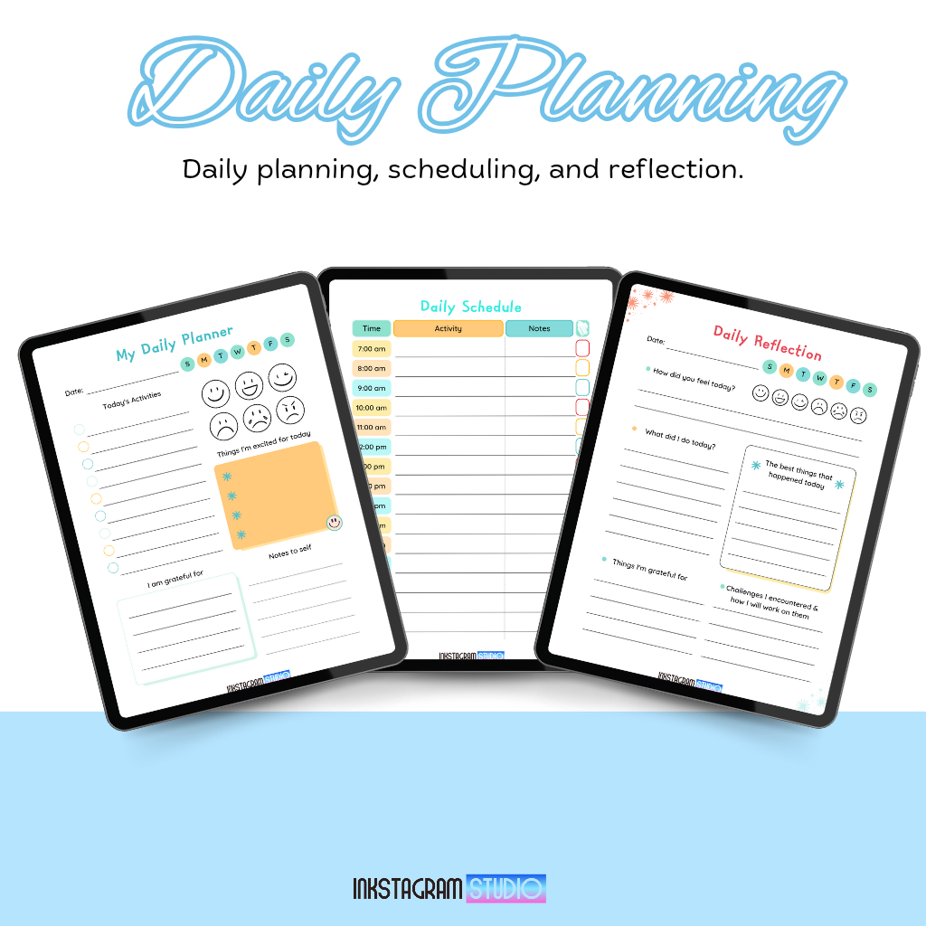 Kids digital planner with daily scheduling, engaging activities, and reflection pages for boys and girls.