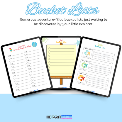 Kids digital planner featuring engaging bucket lists for boys and girls.