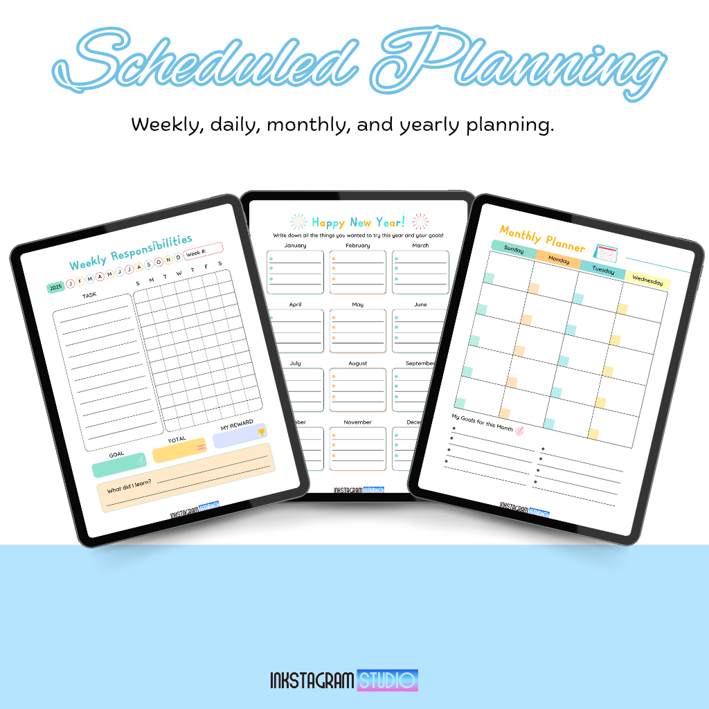 Kids Digital Planner with weekly and monthly scheduling pages for organization.