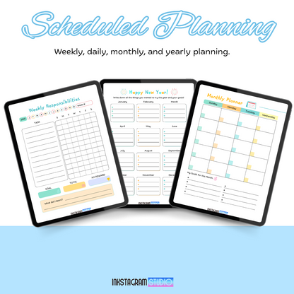 Kids Digital Planner with weekly and monthly scheduling pages for organization.