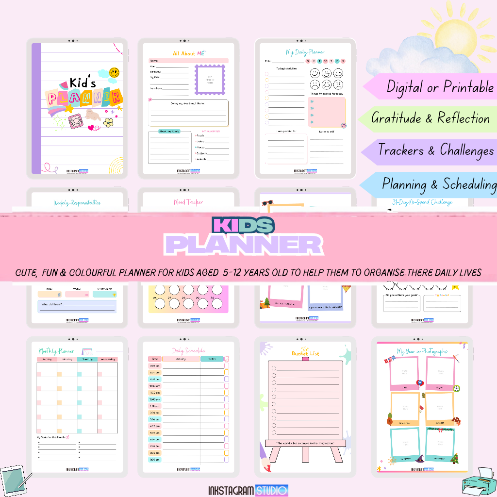 Kids digital planner for organizing daily activities, featuring fun and engaging designs for boys and girls.