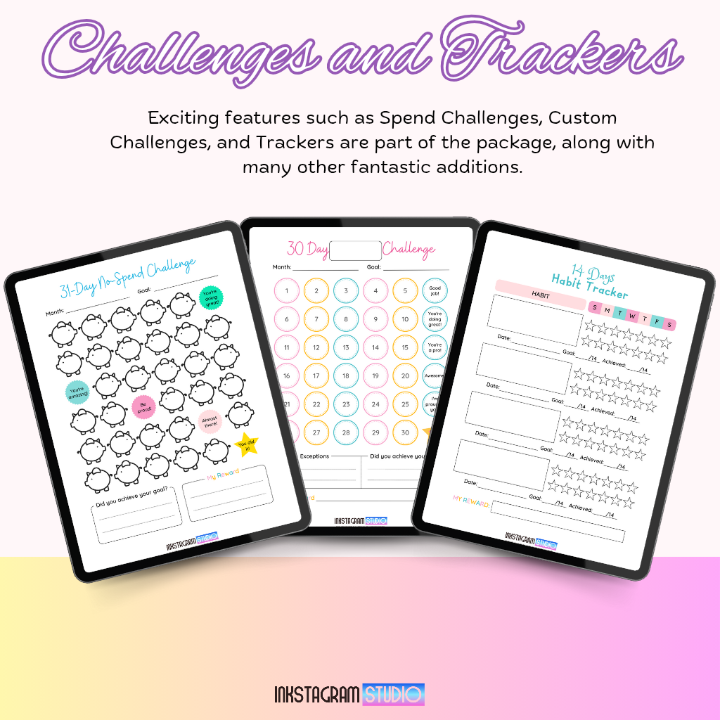 Kids digital planner with challenges and trackers for organization and habit building.