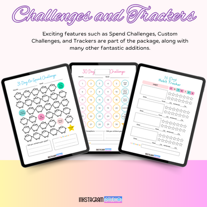 Kids digital planner with challenges and trackers for organization and habit building.