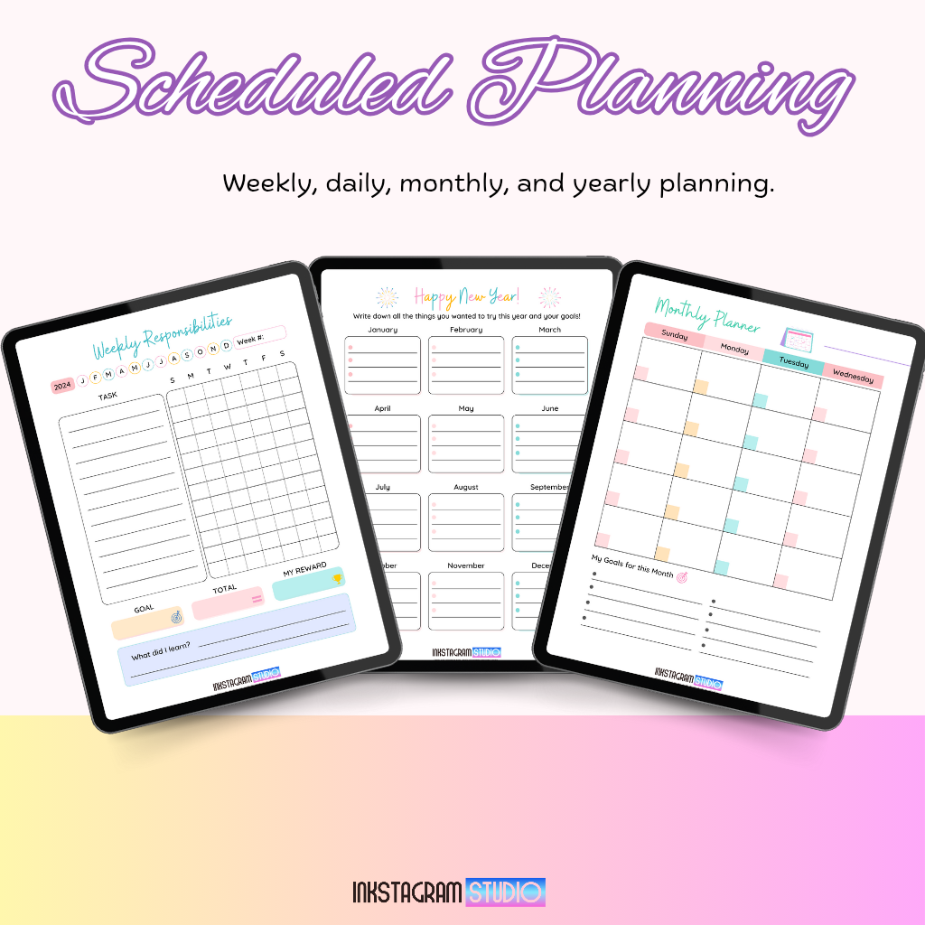 Kids Digital Planner with fun weekly, monthly, and yearly planning pages on tablets.