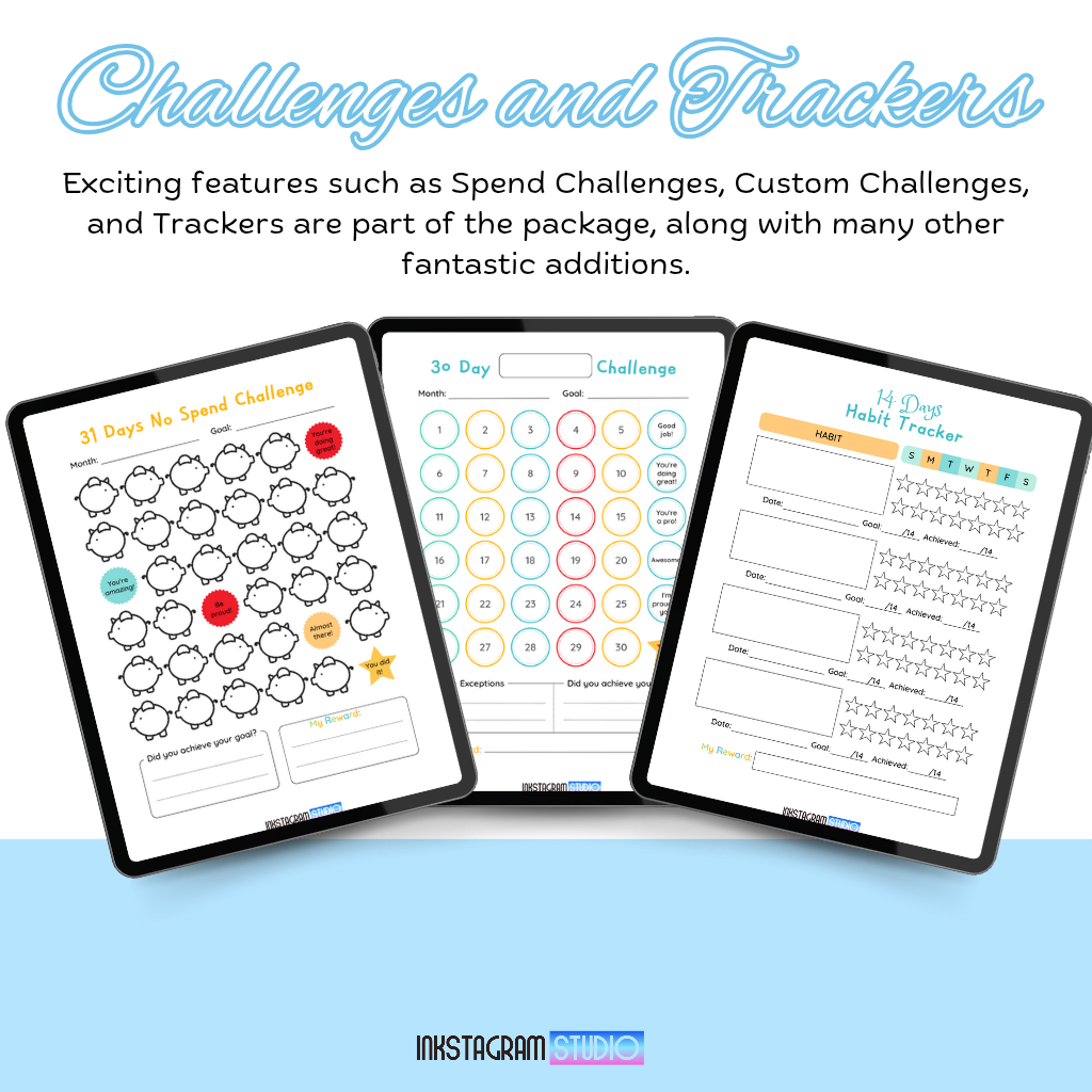 Kids Digital Planner with challenges and trackers for habit-building and organization.