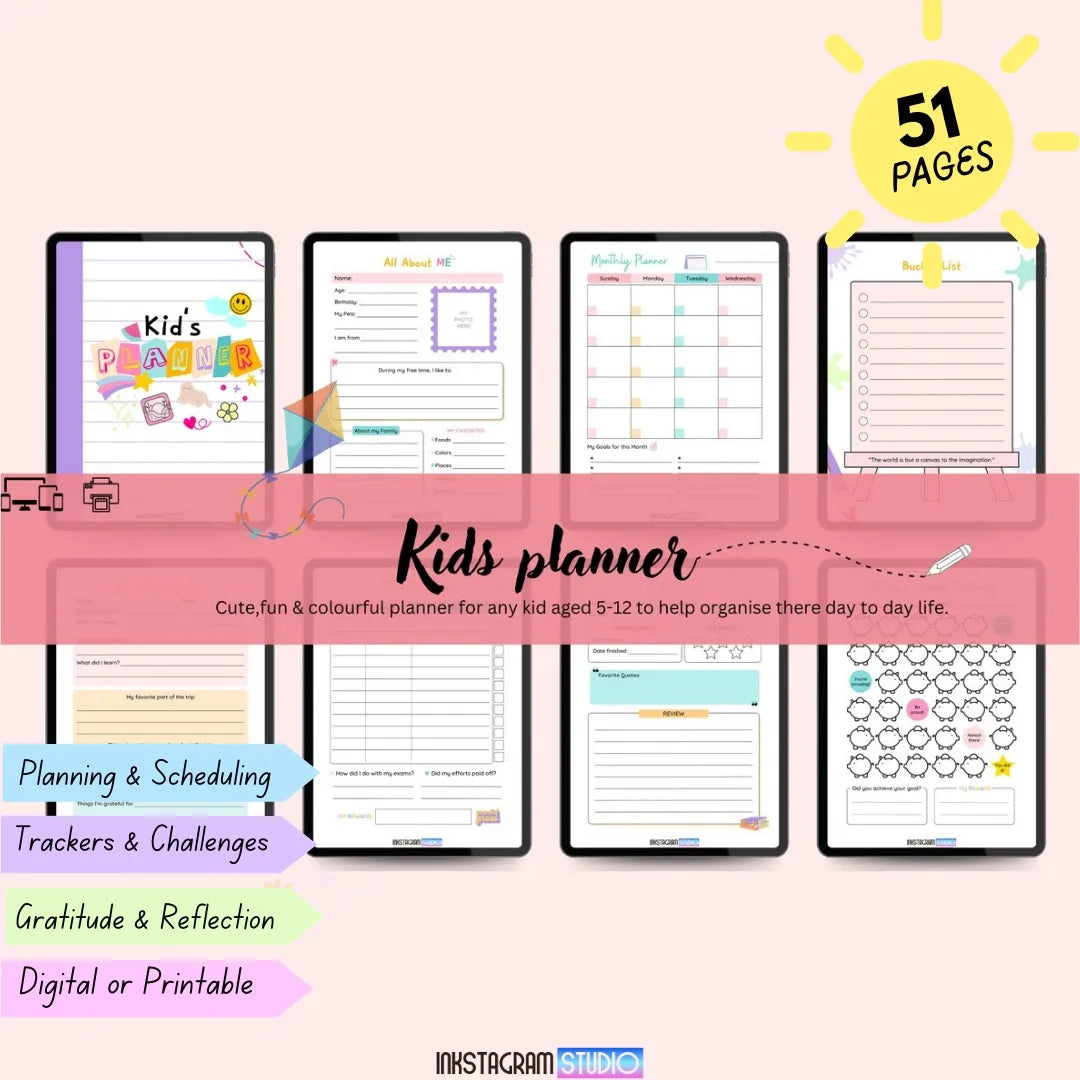 Kids planner for ages 5-12 with 51 pages, featuring organizational tools, colorful designs, and printable format.