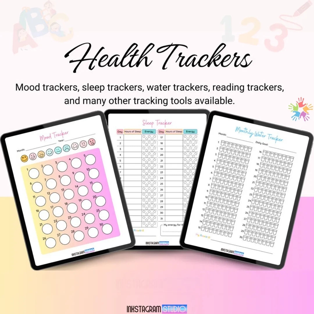 Kid planner featuring mood, sleep, and water trackers for children's health monitoring.