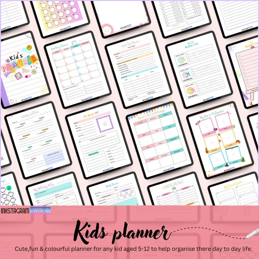 Colorful kids planner for ages 5-12, featuring engaging designs for organization and creativity.