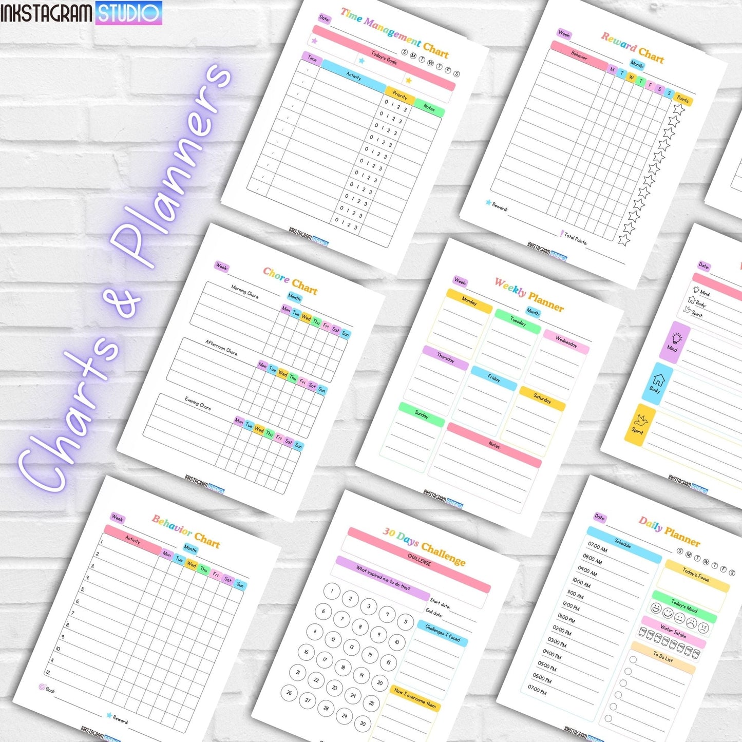 ADHD Kids Planner for routines and focus improvement with colorful charts displayed on a wall.