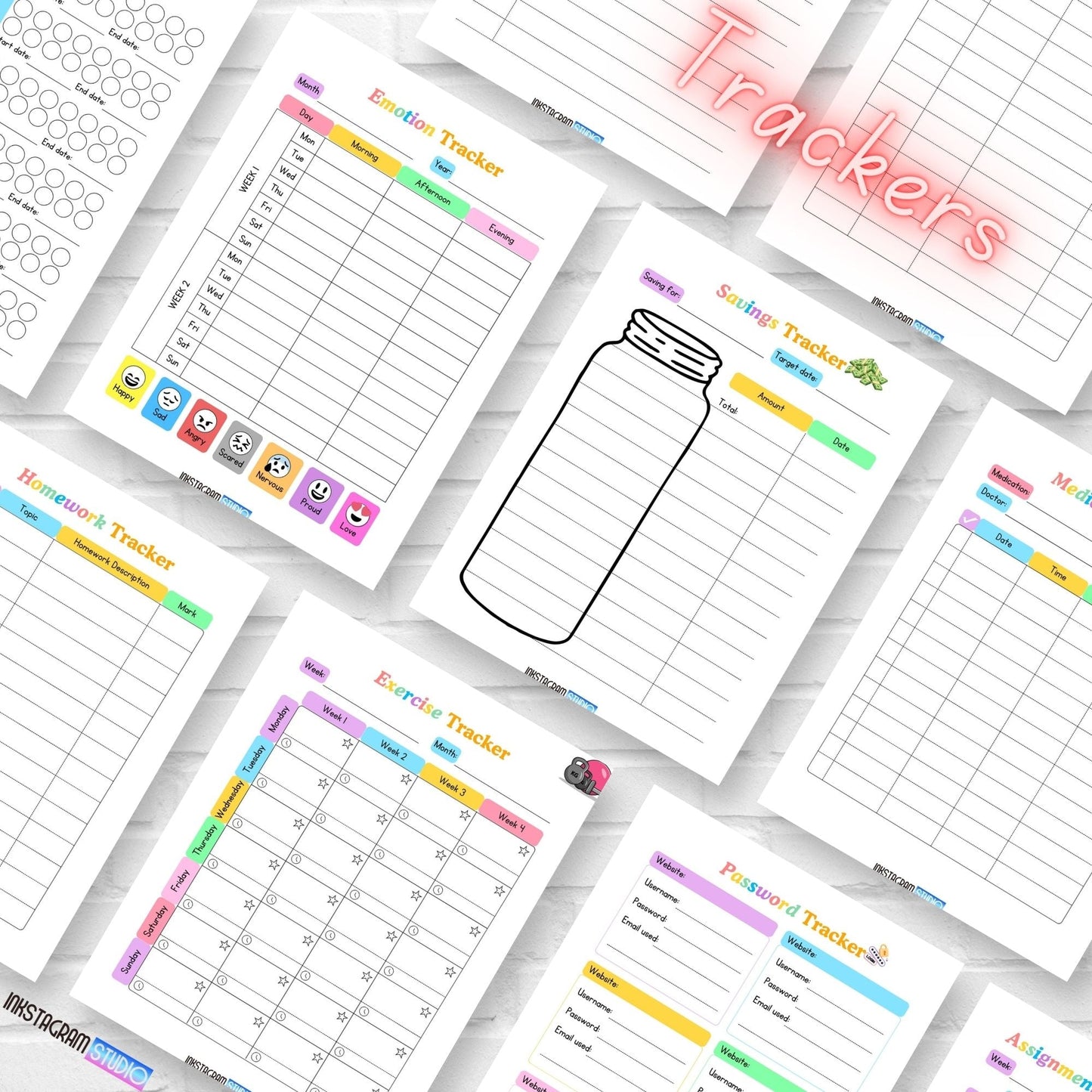 ADHD Kids Planner pages with emotion, behavior, and homework trackers for children.