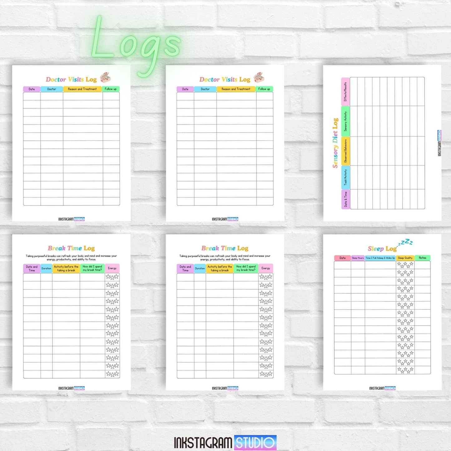 ADHD Kids Planner logs with doctor visits, screen time, break time, and sleep logs displayed on a white brick wall.