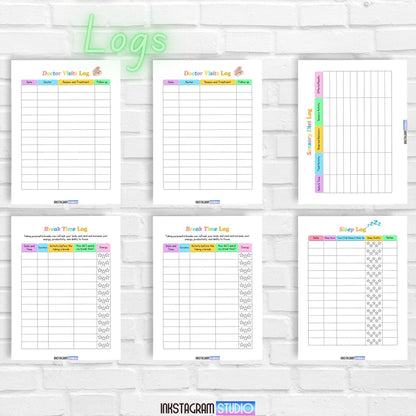 ADHD Kids Planner pages for tracking doctor visits, break times, sleep, and daily routines.