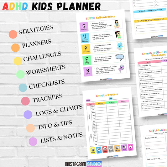 ADHD Kids Planner with strategies, planners, challenges, worksheets, checklists, trackers, logs, charts, info, tips, and notes for children with ADHD.