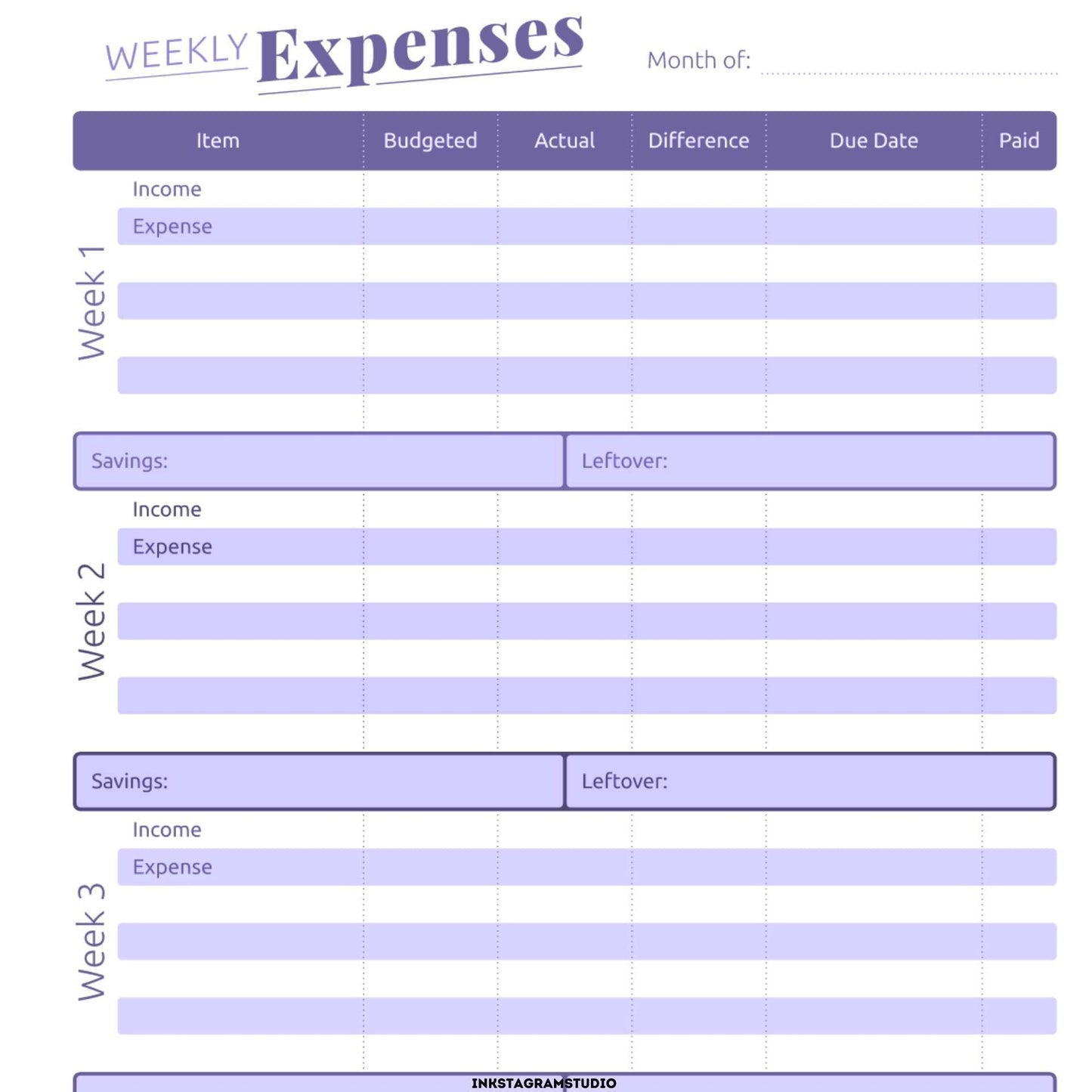 Financial Planner template for weekly expense tracking and budgeting.