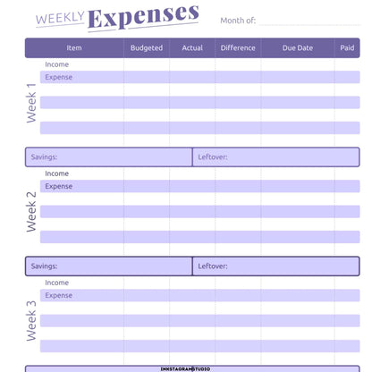 Weekly financial planner template for tracking expenses, income, budgeted vs actual amounts.