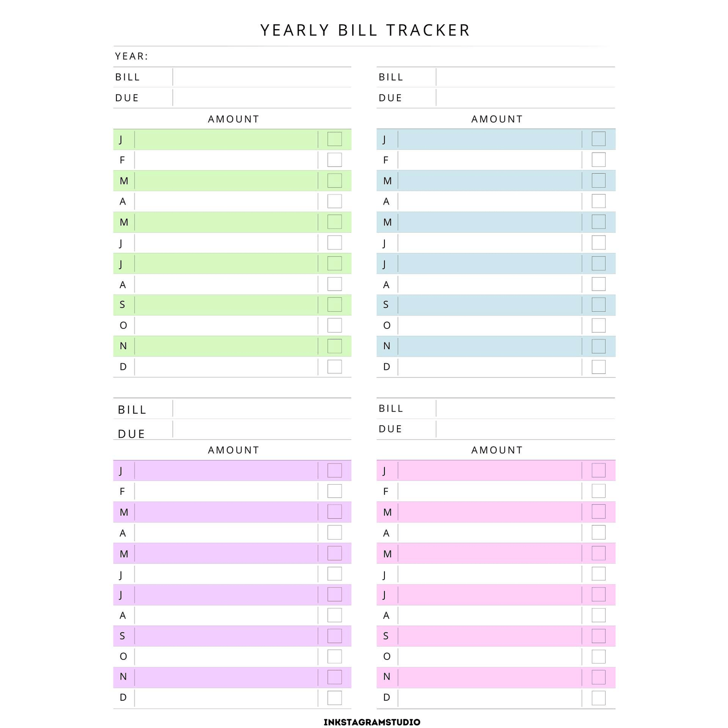 Yearly bill tracker template for financial planner management.