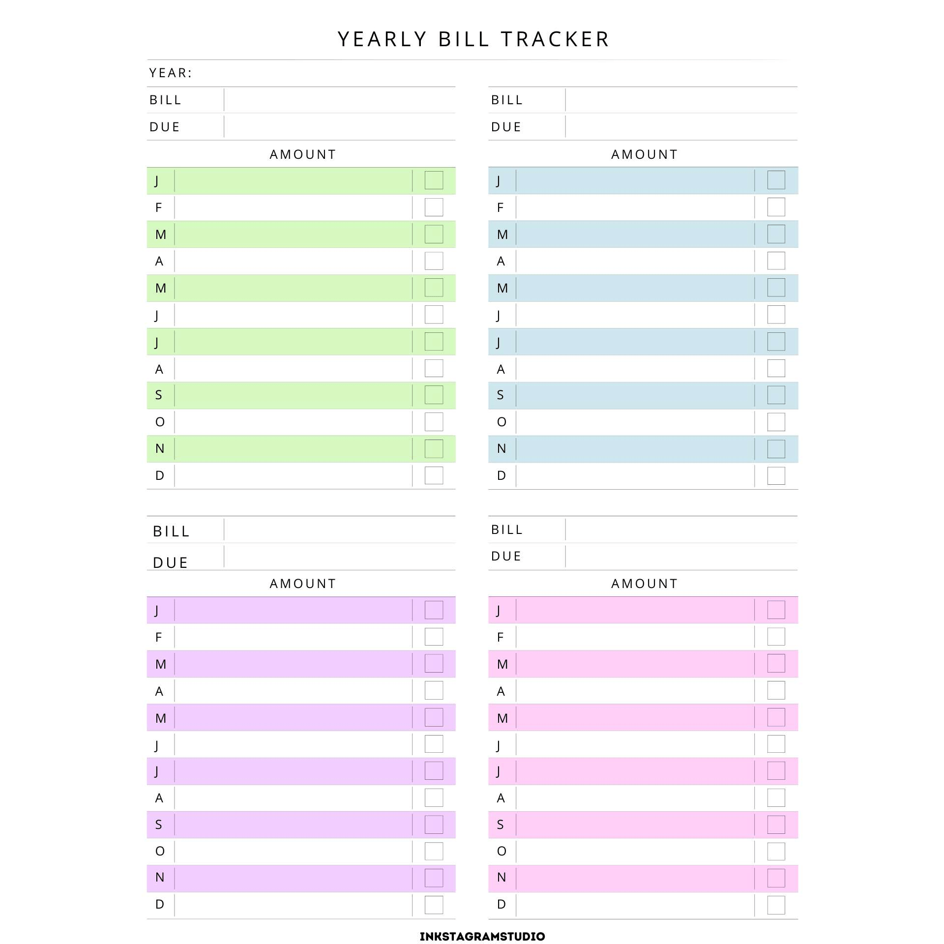 Yearly bill tracker template for financial planner management.