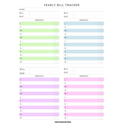 Yearly bill tracker template for managing finances, organized by month and amount due for each bill.