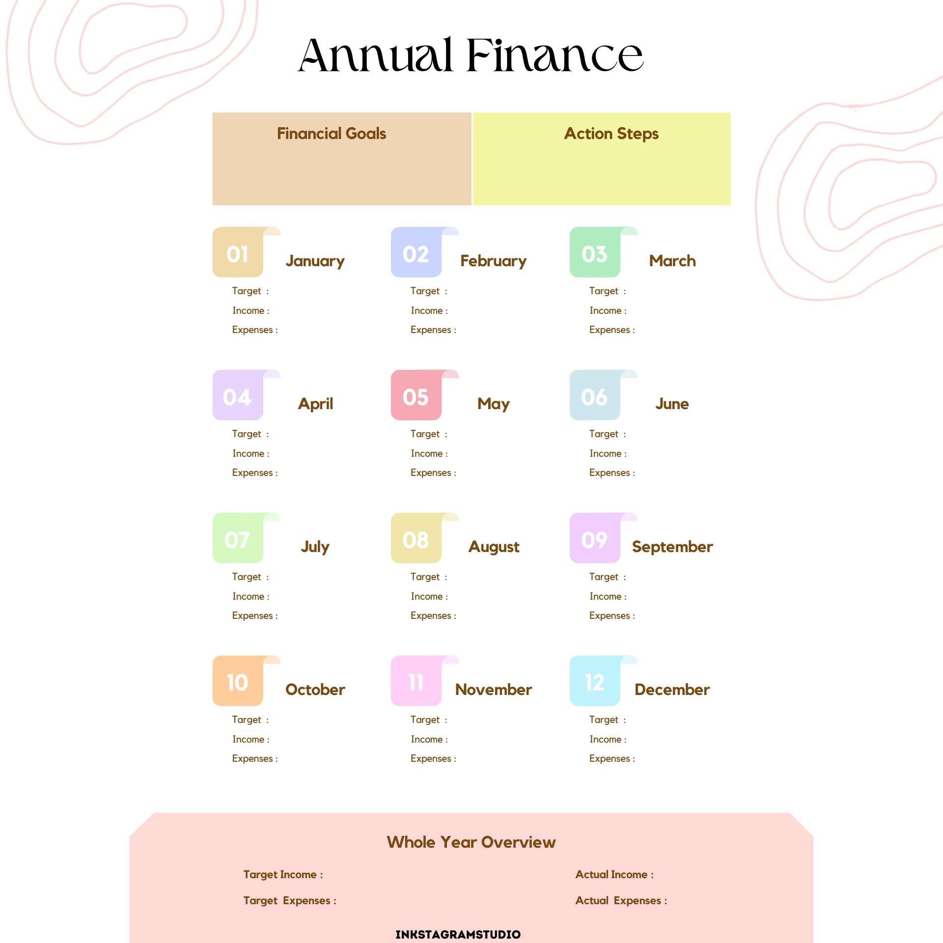 Financial Planner annual finance chart featuring monthly goals and action steps.