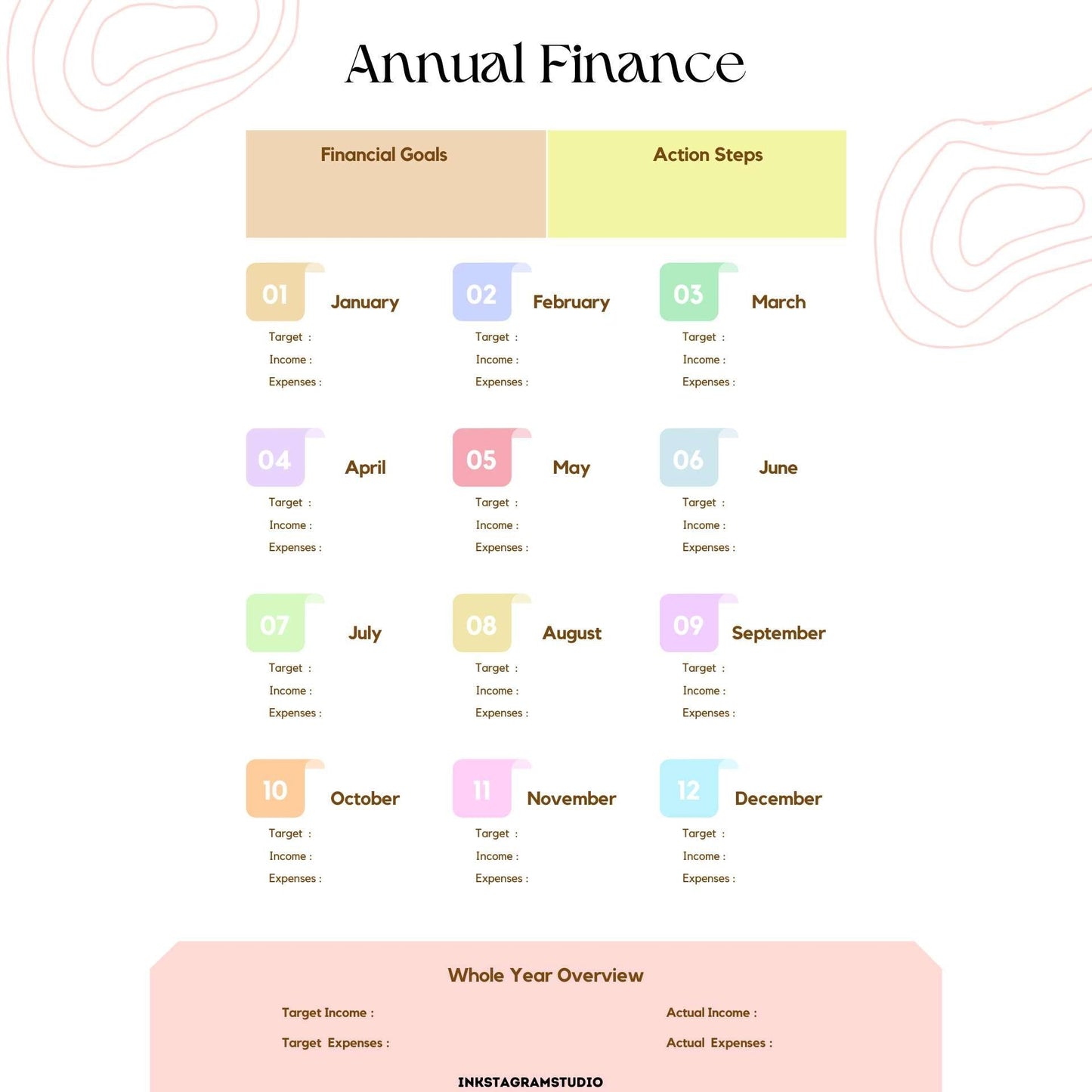 Annual finance planner displaying monthly goals, action steps, and year overview for effective financial management.