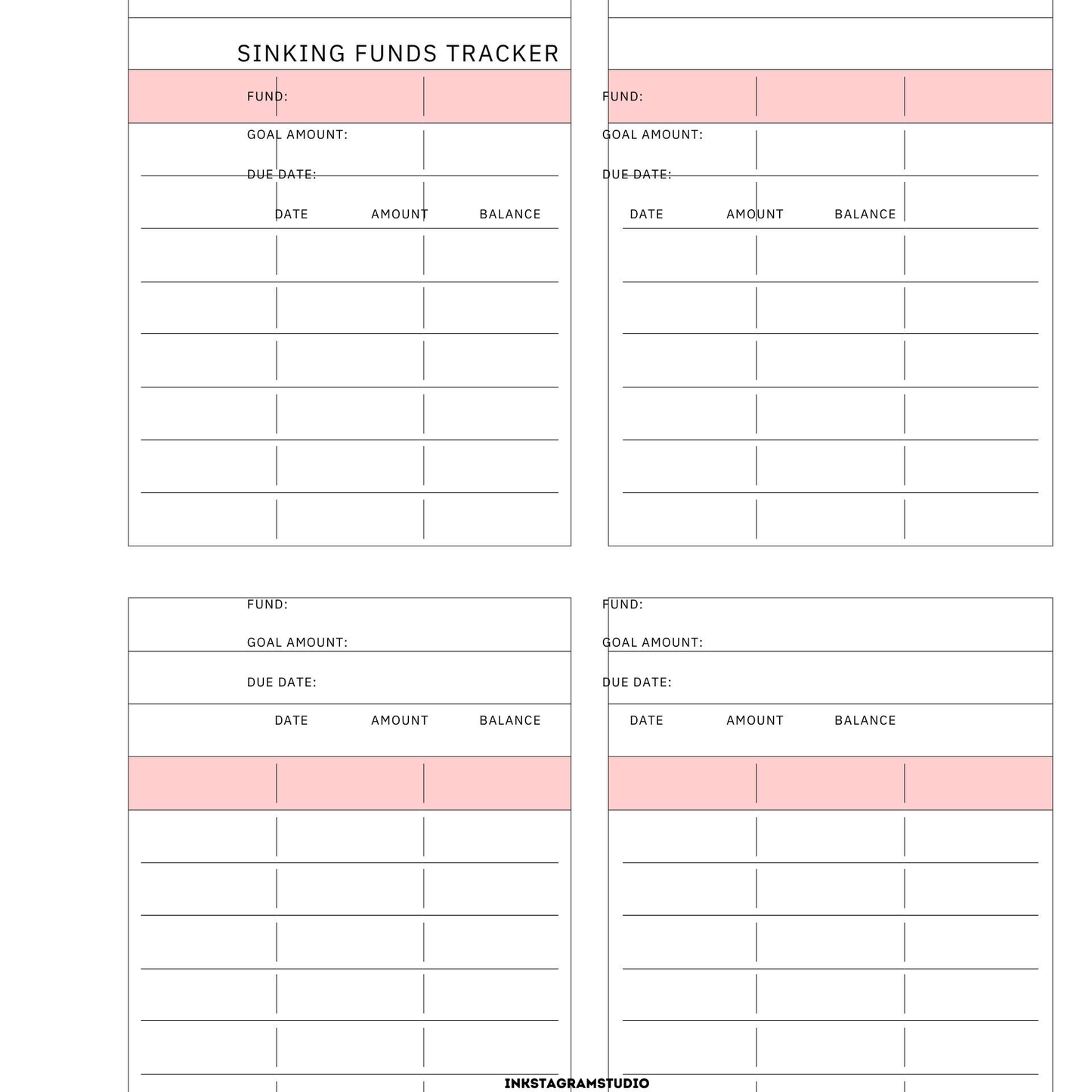 Sinking funds tracker template with sections for fund, goal amount, due date, amount, and balance.