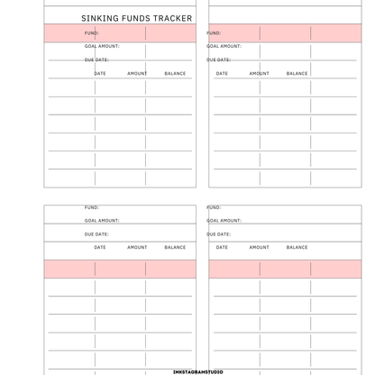 Sinking funds tracker template with sections for fund, goal amount, due date, amount, and balance.