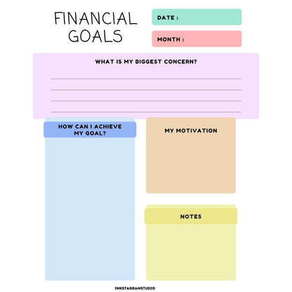 Colorful financial goals planner template with sections for concerns, motivations, and notes.