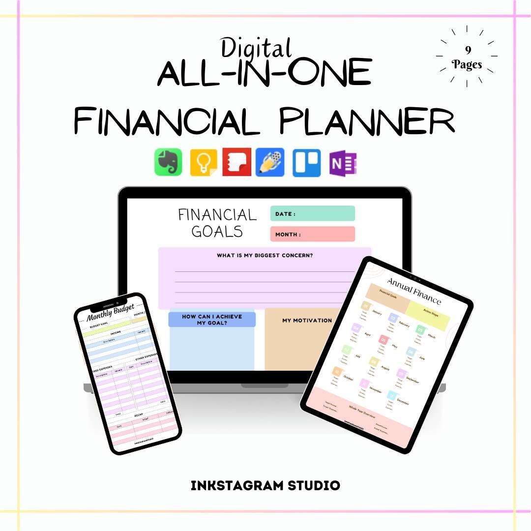 Digital financial planner with budgeting templates and expense trackers for effective money management.