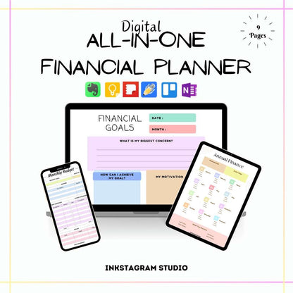 Digital all-in-one financial planner displayed on various devices, ideal for managing finances efficiently.