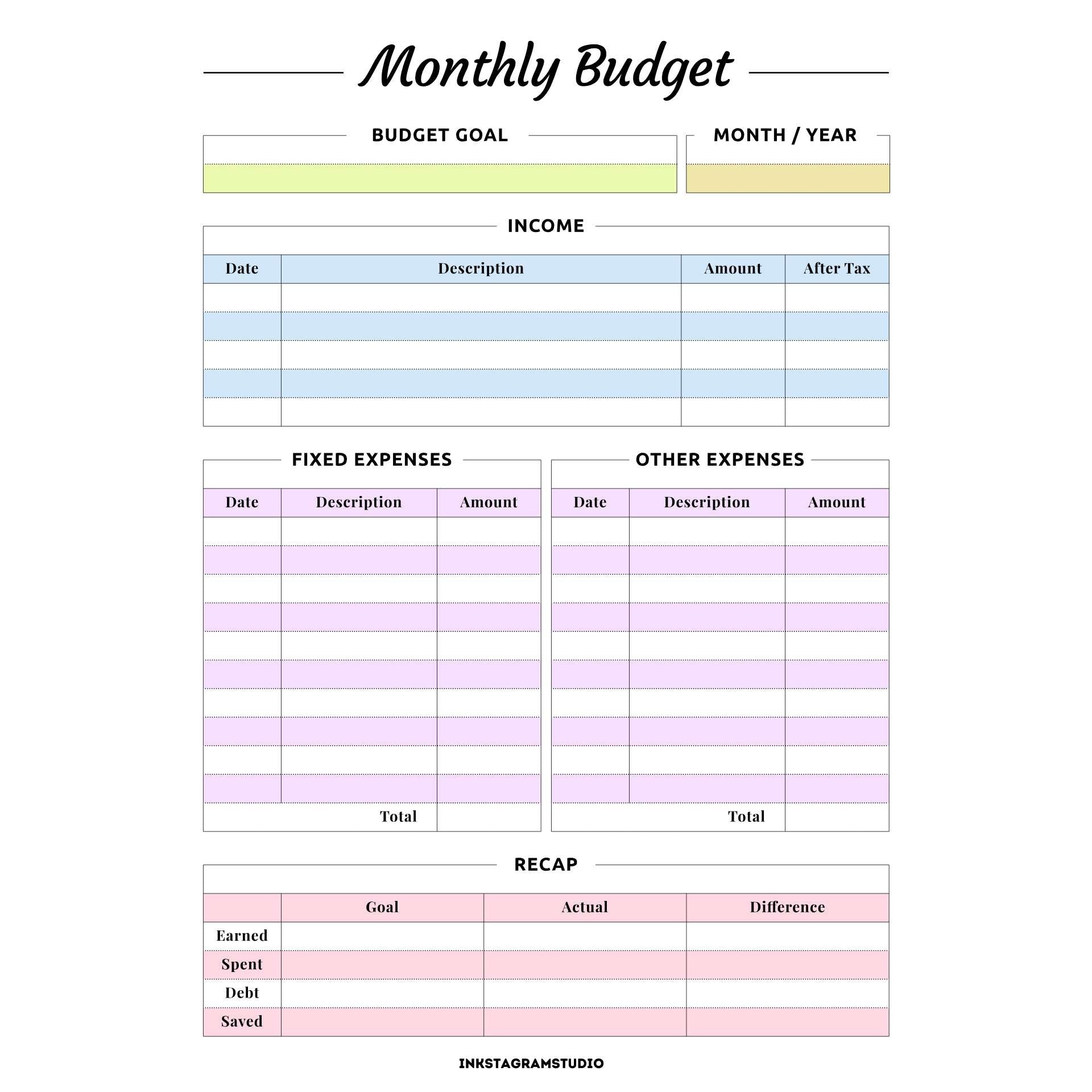 Monthly budget template for financial planner with sections for income, expenses, and recap.