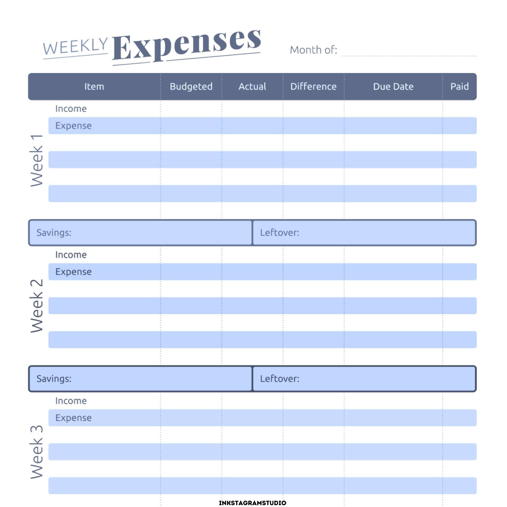 Weekly expense planner template for budgeting finances with sections for income, expenses, savings, and due dates.