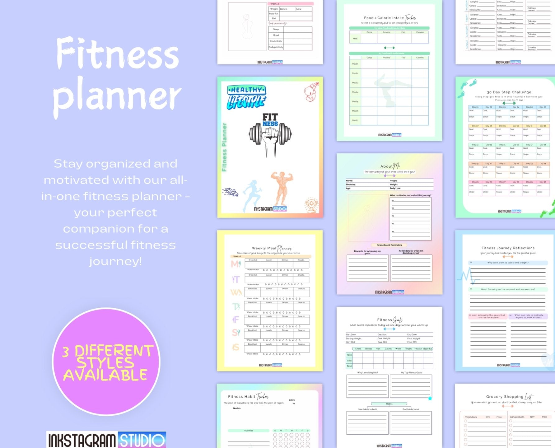 All-in-One Fitness Planner with wellness tracking pages; available in 3 styles.