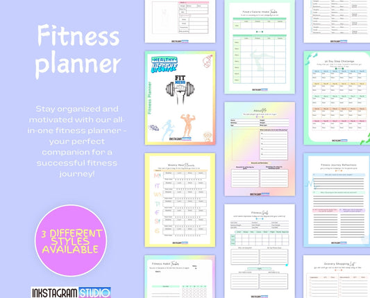 All-in-One Fitness Planner with wellness tracking pages; available in 3 styles.