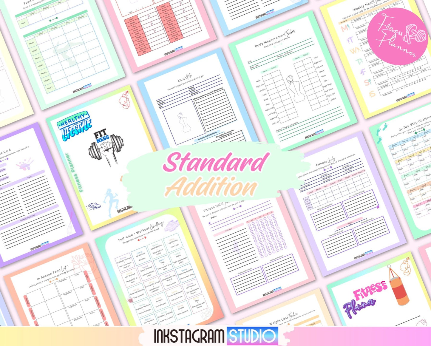 Standard Edition all-in-one fitness planner with colorful bordered pages showcasing workout and wellness tracking sheets.