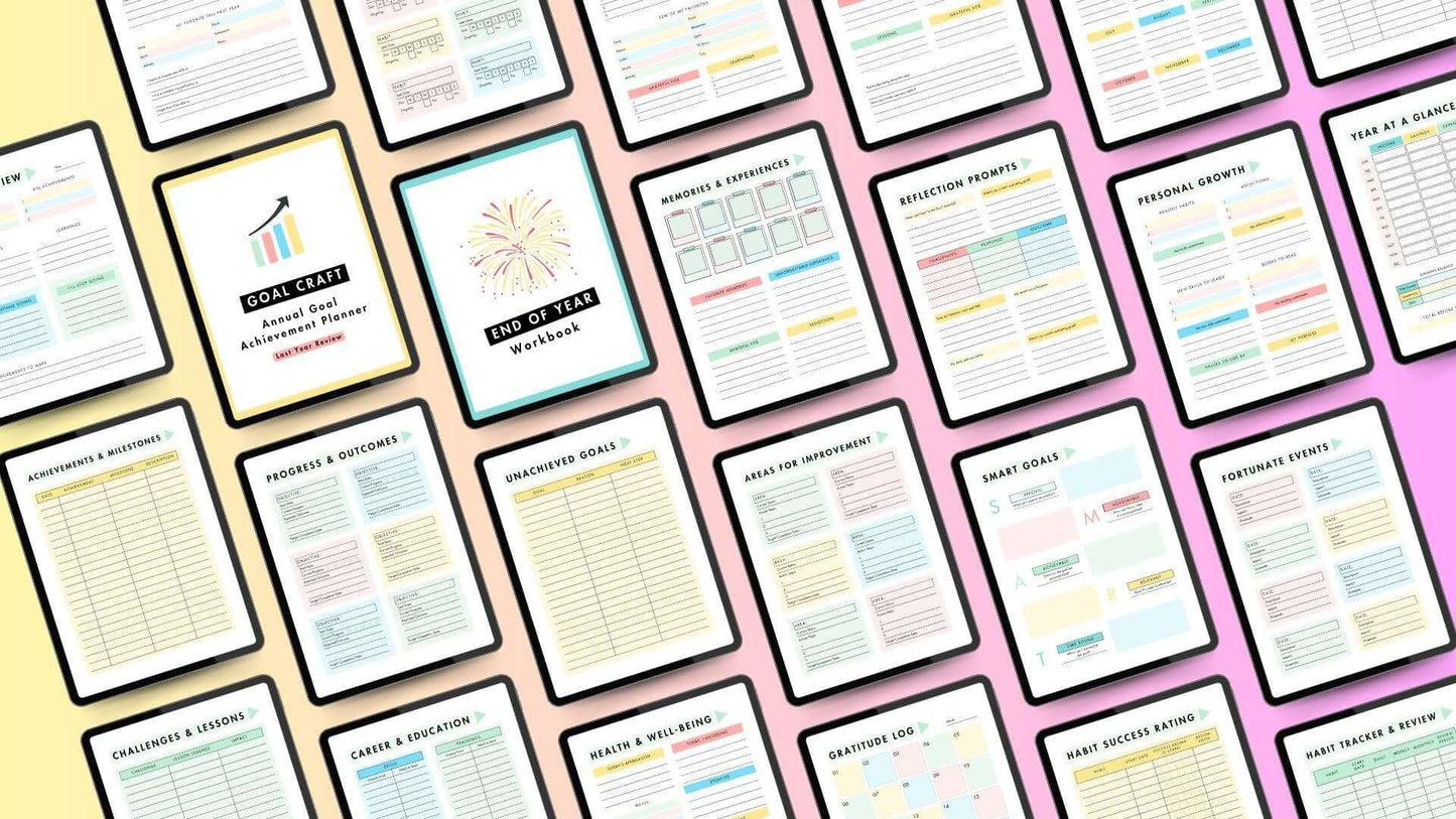 Stylish Annual Goal Achievement Planner pages displayed, designed for tracking success and ambitious goal-setting.