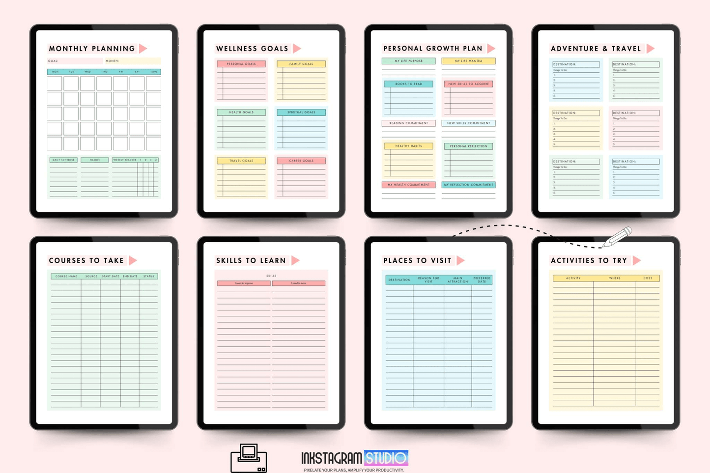 Physical Annual Goal Achievement Planner featuring monthly planning, wellness goals, personal growth plan, and travel sections.