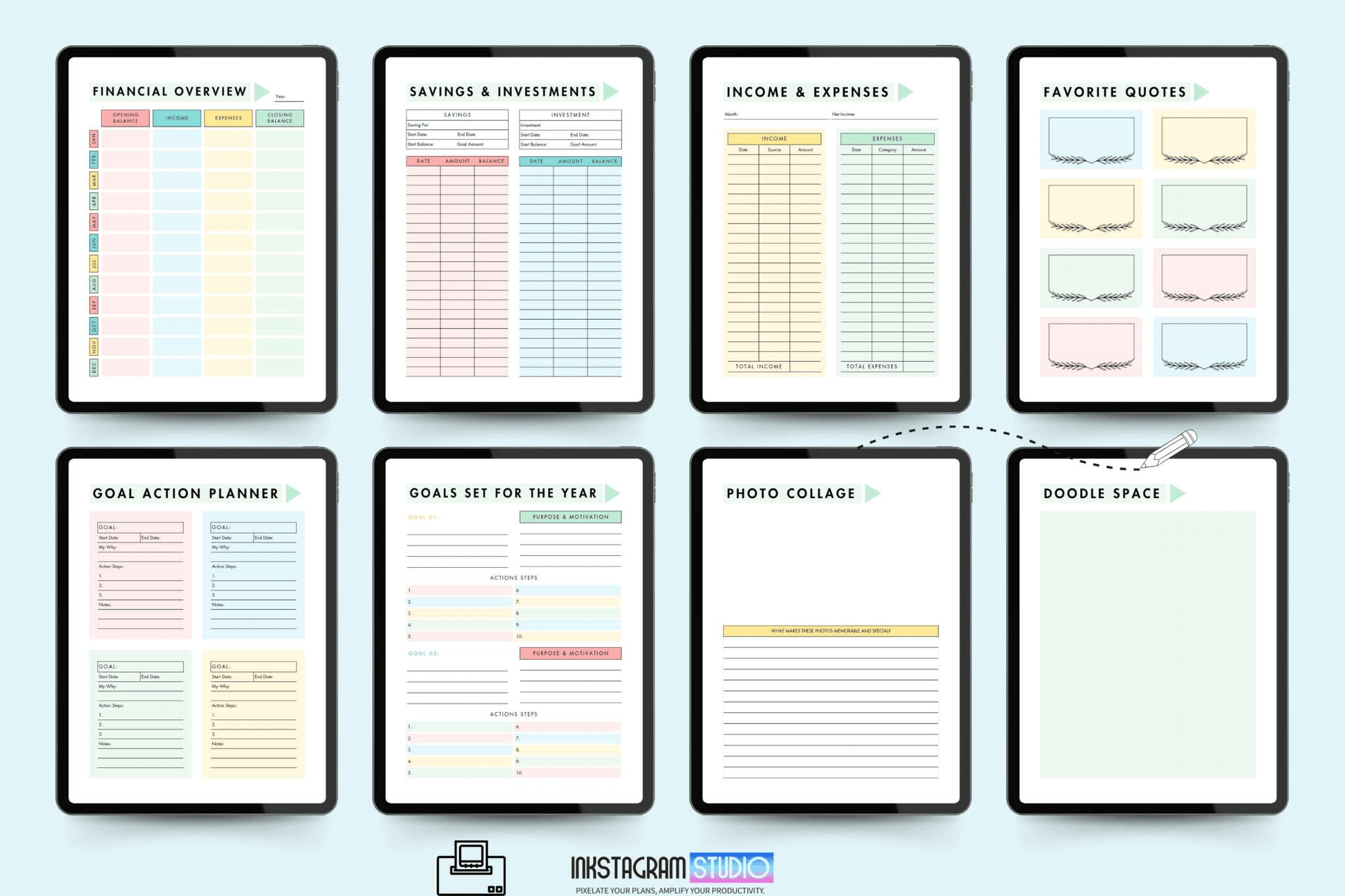 Physical Annual Goal Achievement Planner pages layout including financial overview, savings, goals, and photo collage sections.