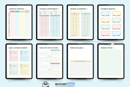 Annual Goal Achievement Planner templates showing financial overview, savings, expenses, goal settings, and doodle space.