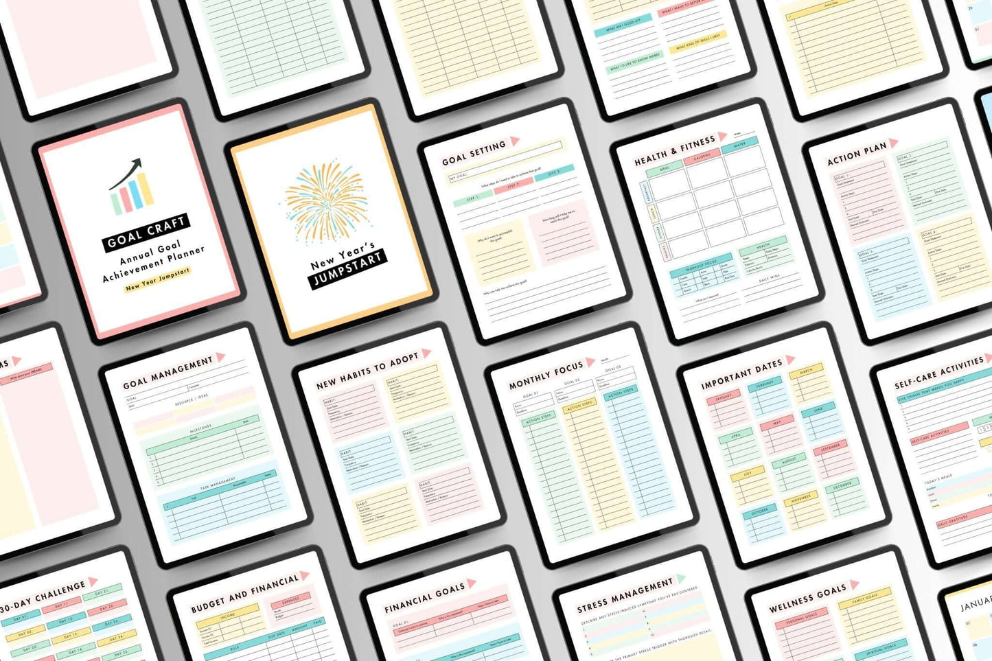 Physical Annual Goal Achievement Planner pages showcasing goal setting, habit tracking, and financial overview layouts.