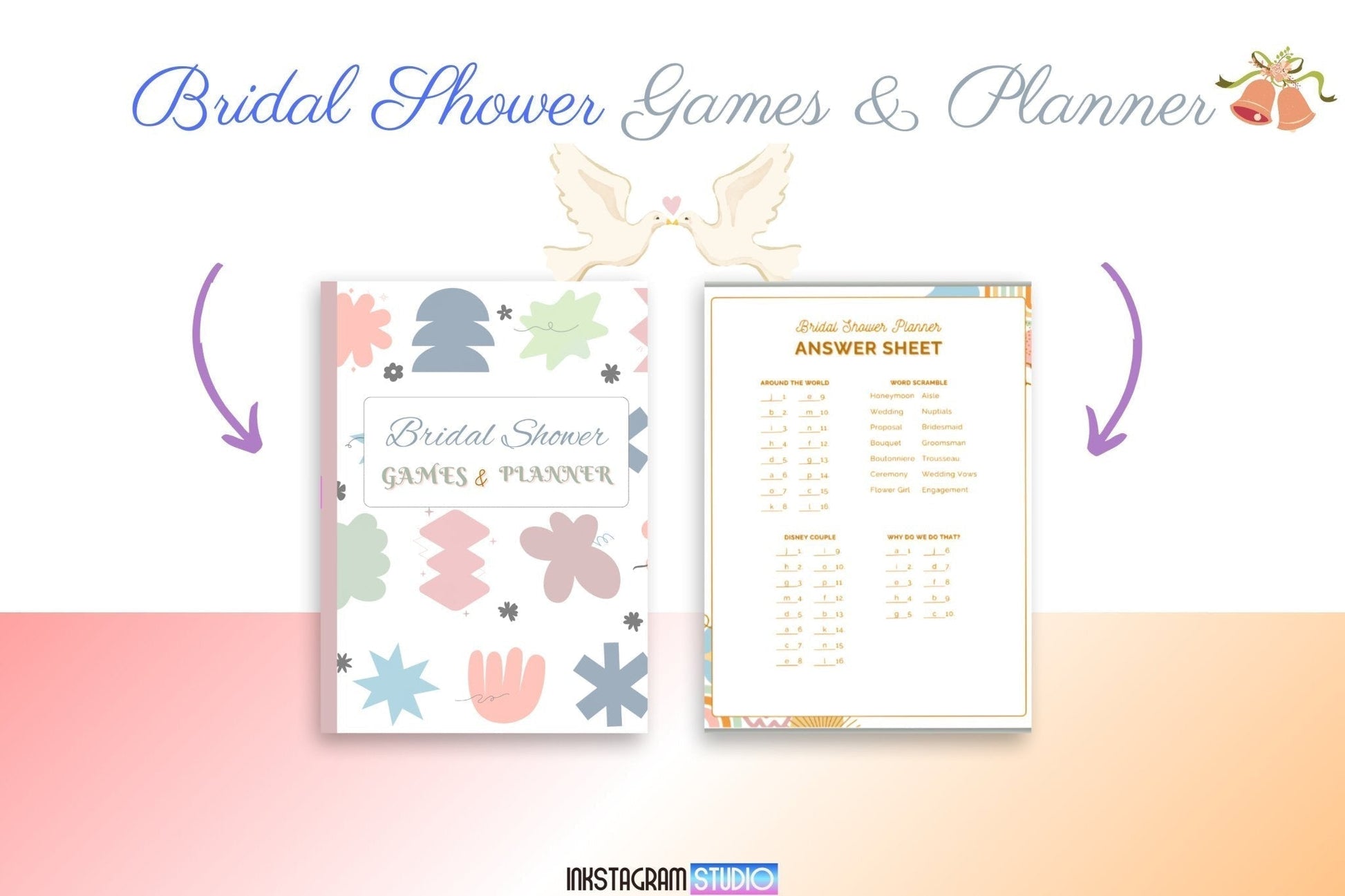 Bridal shower games and planner set with answer sheet, featuring chic designs and interactive activities for a memorable celebration.