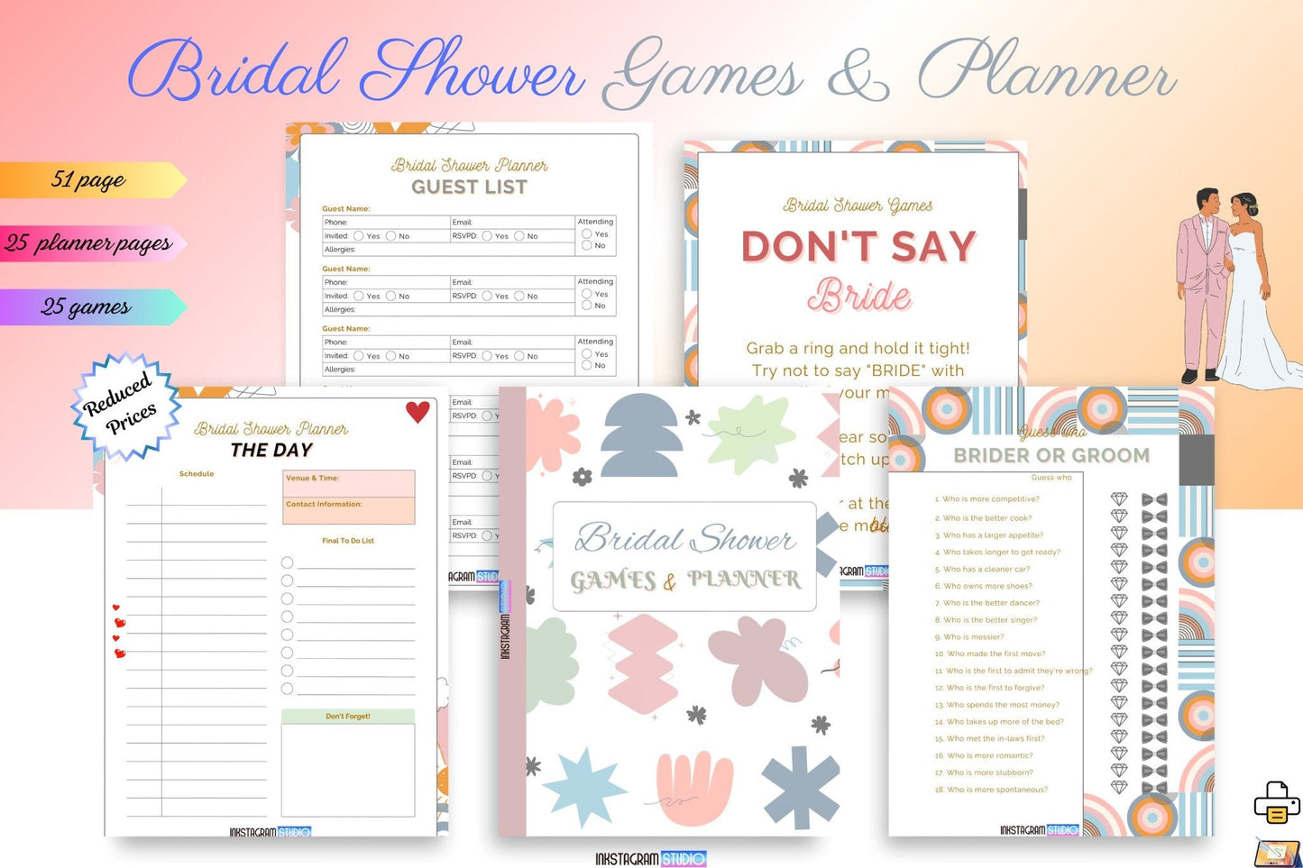 Bridal Shower Games & Planner set with checklist, guest list, and activity pages for seamless event planning.