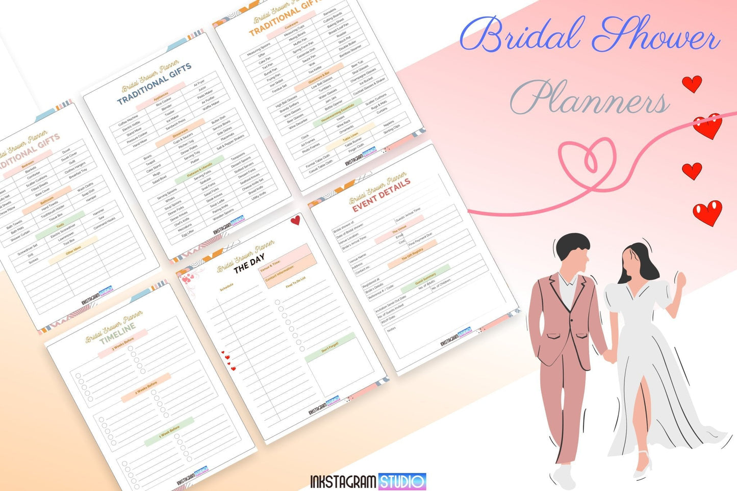 Bridal Shower Games & Planners featuring detailed pages like traditional gifts, event details, and timeline for a seamless celebration.