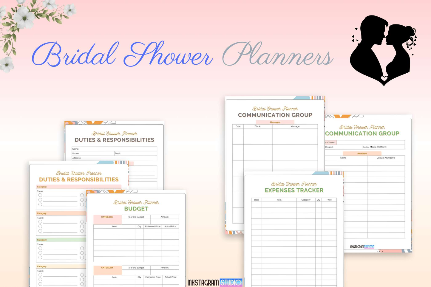 Bridal Shower Games & Planners with pages on duties, budget, communication, and expenses tracker.