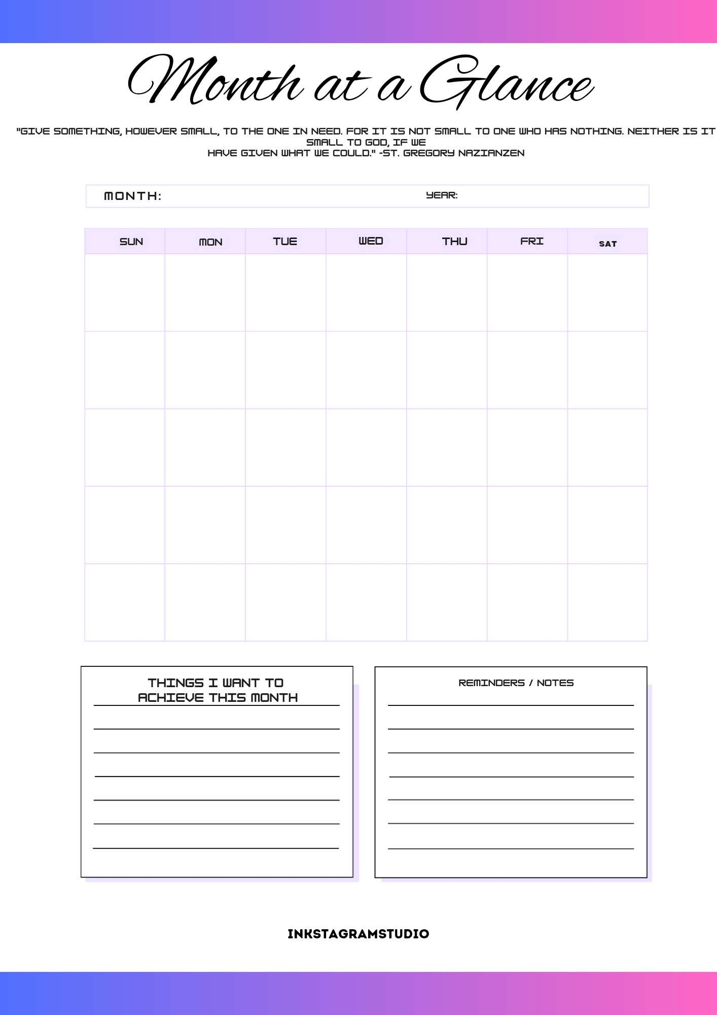 Monthly planner layout with a month overview and sections for goals and reminders.