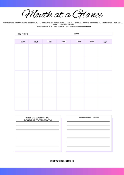 Monthly planner layout with a month overview and sections for goals and reminders.