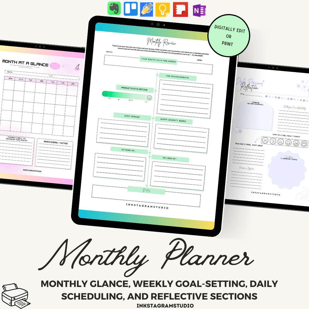 Digital Monthly Planner with monthly glance, weekly goal-setting, daily scheduling, and reflective sections.