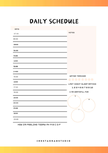 Daily schedule planner template with time slots and notes for effective time management and organization.